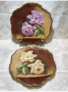 LIMOGES, Large Roses/Gold Trim, 9 3/4 In. Two Plates Hand Painted, Artist Signed - Picture 1 of 12