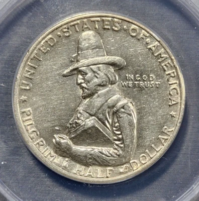 1920 PILGRIM Commemorative Silver Half Dollar 50C ANACS AU55 Details (G770) - Image 1 of 4