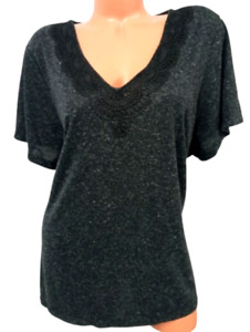 Ella moss black blended v neck crochet trim stretch short sleeve plus top 3X