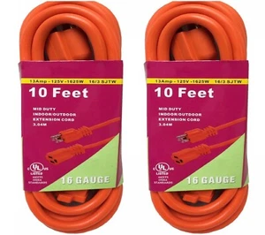 2X 10 FT Orange Indoor Outdoor Extension Electric Power Cord Cable 16 Gauge UL - Picture 1 of 2