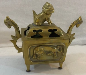Antique Chinese Foo Dog & Dragon Double Handles Incense Burner Brass or Bronze - Picture 1 of 14