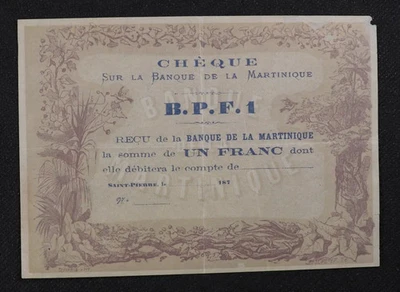 187_ 1 Franc Banque de la Martinique Remainder, mentioning 1902 Volcano - Image 1 of 3