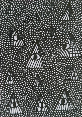 Original ACEO Ink Drawing Abstract Pyramids with Eyes ATC OOAK Signed Unframed - Image 1 of 2