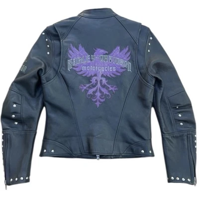 Chaqueta de cuero negra tachonada vintage Harley Davidson Rising Phoenix grande para mujer Foto 1 de 4