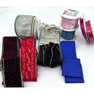 Vintage Christmas Ribbon Holiday Wide Wired Craft Floral Decorator Flocked - Picture 1 of 11