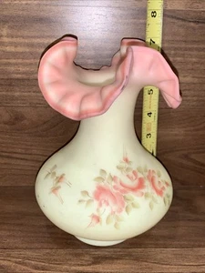 Vintage Fenton BURMESE Uranium Glass VASE Rose Hand Painted Signed 7” - Picture 1 of 9
