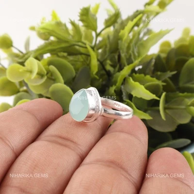 Natürlich Aquamarin Chalzedon 925 Sterlingsilber Verlobung Solitär Ring Schmuck - Bild 1 von 4