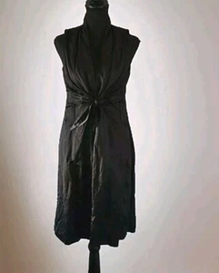 Eileen Fisher Black Tie Front V Neck Dress Textured Steel Satin Size 4 - Picture 1 of 13