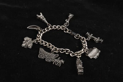 Vintage 1960 - 1970 Pewter Travel Charm Bracelet With 8 Charms 7 Inch V17 - Image 1 of 4