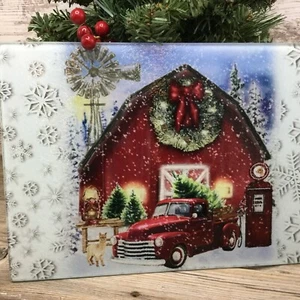 Roter LKW Weihnachten auf dem Bauernhof Alpaka Glas Schneidebrett - Bild 1 von 6