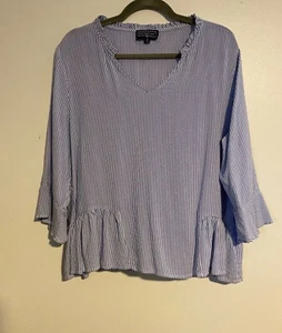 Duffield Lane Blouse Women XL Blue White Striped Baby Doll Rayon Top Preppy Cute - Picture 1 of 7