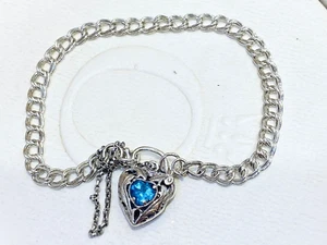 Sterling Silver Blue CZ Heart Locket Clasp Double Link Safety Chain Bracelet - Picture 1 of 4