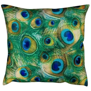 Velvet Peacock Cushion. Bright Blue & Green Peacock Feathers. 17x17" Square - Picture 1 of 4