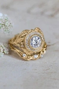 Verlobungsring Brautring Set 1 kt runder Lab Created Diamant 14 kt Gelbgold-Finish - Bild 1 von 8