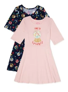Disney Princess Girls Holiday 3/4 Sleeve Dress 2 Pack Christmas Pink   XS  4-5 - Picture 1 of 5