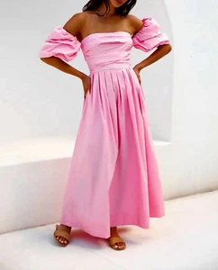 All About May Pink pleated Maxi Dress Cotton Puff sleeves Size 8 - Picture 1 of 9