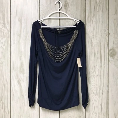 Blusa Top Twenty One Mujer Azul Marino Con Cuentas Cuello Redondo Manga Larga L Foto 1 de 4