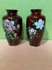Two Vintage Japanese Cloisonne Vases Sato Era Red Pigeon Blood Cloisonne Vases - Picture 1 of 11