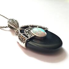 1920s Art Deco Sterling Silver Marcasite Opal Oval black onyx Pendant Necklace N