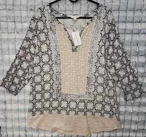 Lucky Brand schwarz & hellbraun V-Ausschnitt Top Damen 1X Stretch Boho Relaxed Shirt - Bild 1 von 3