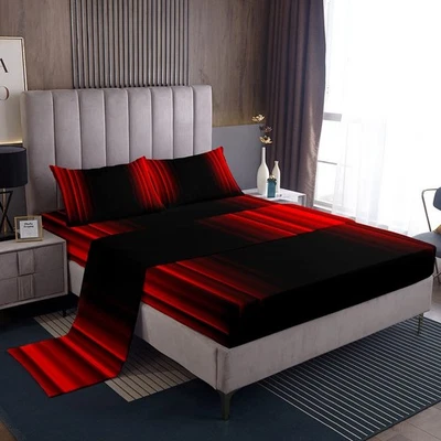 Abstract Ombre Decor Bed Sheets Kids Teens Red and Black Sheet Set Fashion Sh... - Image 1 of 4