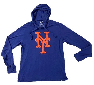 New York Mets Logo '47 Pullover Hoodie T Shirt Medium Blue  Lightweight - Image 1 of 4