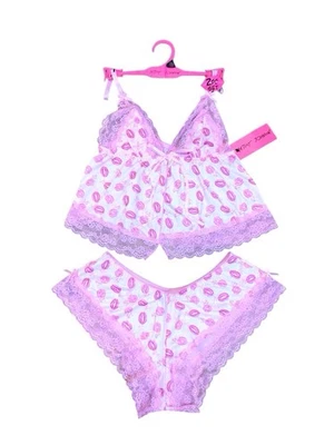 Betsey Johnson 2Pc Cami & Shorts Pajama Set Women’s Size L Pink Lips Lace - Image 1 of 4