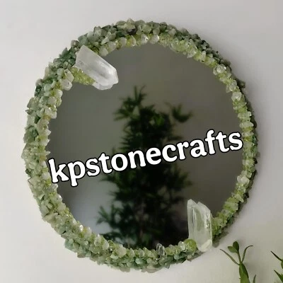 "Espejo redondo de aventurina, peridoto y cuarzo de 18"" | Espejo de pared de cristal hecho a mano | N" Foto 1 de 4