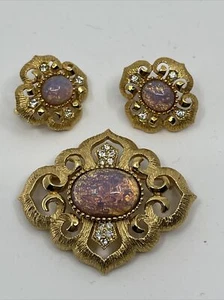 Nachlass Krone Trifari Goldton Strass Kunstrosa Opal Brosche & Ohrringe Set - Bild 1 von 5