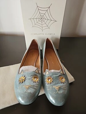 CHARLOTTE OLYMPIA KITTY Suede FLAT SHOE Verdigris/silver Size 40/9 EUC - Image 1 of 4