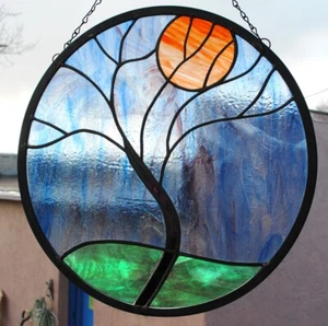 Stained Glass Window Panel Rain Tree hand made round 16" - Picture 1 of 8