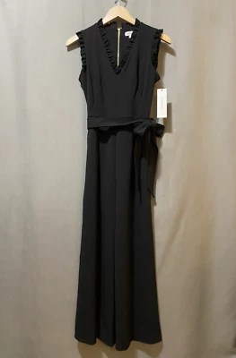 NWT Calvin Klein Women Ruffle Sleeveless Scuba Crepe Belted Jumpsuit SZ 6 Black - Image 1 of 4