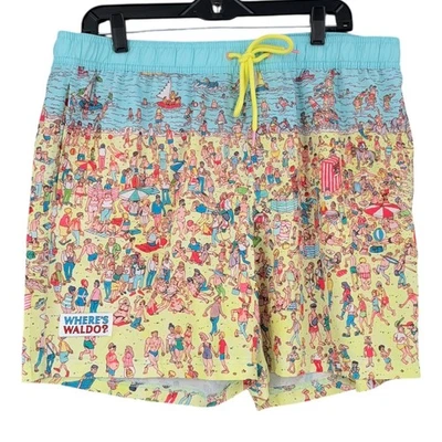 Where's Waldo Beach Swim Trunks Men's Large Fun Print Board Shorts - Image 1 of 4