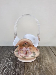 Cesta de vidrio artístico Fenton puesta de sol melocotón superposición diseñador vitrina serie - firmada - Imagen 1 de 8
