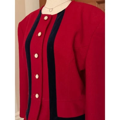 VTG Armani Jeans 90s Tailored Wool Blazer Jacket Womens L Red/Blue Velvet Trim - Image 1 of 4