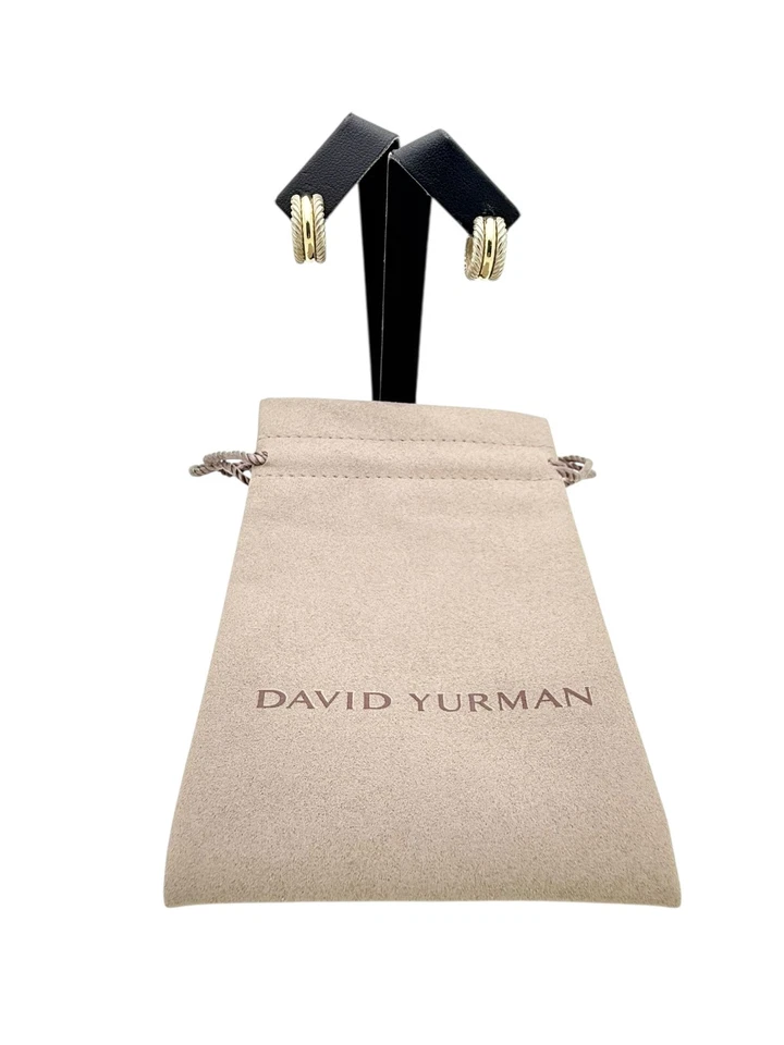 David Yurman Sterling Silver & 14k Gold Post Cable Huggie Hoop Earrings - Pouch - Image 1 of 4