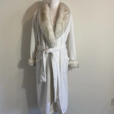 SHIMERA Full Length Robe M Ivory Faux Fur Collar Trim Belted Plush - Image 1 of 4