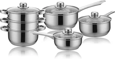 6Pc Stainless Steel Cookware Set Durable Steamer & Saucepans with Glass Lids - Image 1 of 3