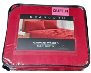 Sean John Rubinrot Kleidungsstück gewaschen superweich Queen Bettwäsche Set-Neu im Paket - Bild 1 von 3