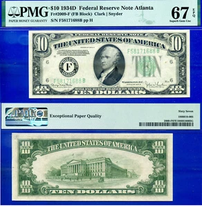 Top Pop $10 1934D Federal Reserve Note Atlanta Fr 2009-F PMG 67EPQ finest known - Picture 1 of 4