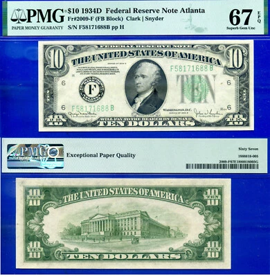 Top Pop $10 1934D Federal Reserve Note Atlanta Fr 2009-F PMG 67EPQ finest known - Image 1 of 4