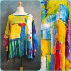 Hand Painted Art 100% Silk Crepe Summer Holiday Beach Cover Tunic Top Free Size - Picture 1 of 19