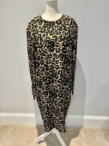 Vintage Bill Blass Leopard Animal Print 100% Silk Long Sleeve Sheath Dress Sz 14