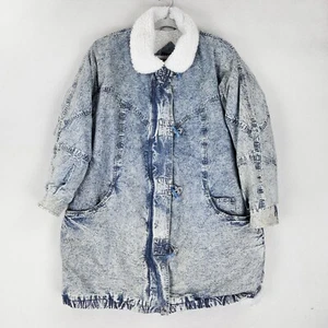 Vintage Coat Womens 20W Blue Acid Wash Denim Fleece Lined Andy Johns 80s 90s - Picture 1 of 14