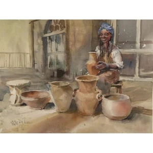 ORIGINALE Art Acquerello Figure Venditore Ceramica 12,2x16,1" Tatiana Ilitzky - Foto 1 di 1
