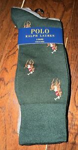 Polo Ralph Lauren Men's Pack Of 2 Dress Socks Big Pony Green Striped Gray 