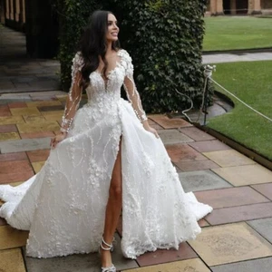Elegant White Wedding Dresses O-Neck Long Sleeved Lace 3D Floral Bridal Gowns - Picture 1 of 9