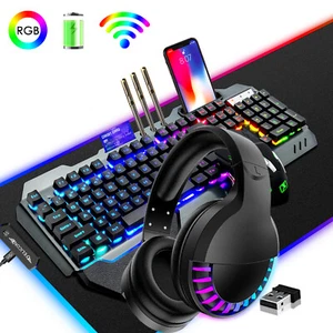 Wireless Gaming Keyboard Mouse & Headset & Mousepad Set RGB Backlit for PC Mac - Picture 1 of 13