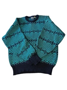 Vintage 90s Wool Ski Sweater Serac by EIR Sports Men’s M Teal Navy Diamond Pattern - Bild 1 von 13