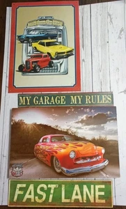 Lot Of 4 Metal Man Cave/ Garage Signs Wall Decor, 2 Car Signs And 2 Other Signs - Picture 1 of 7